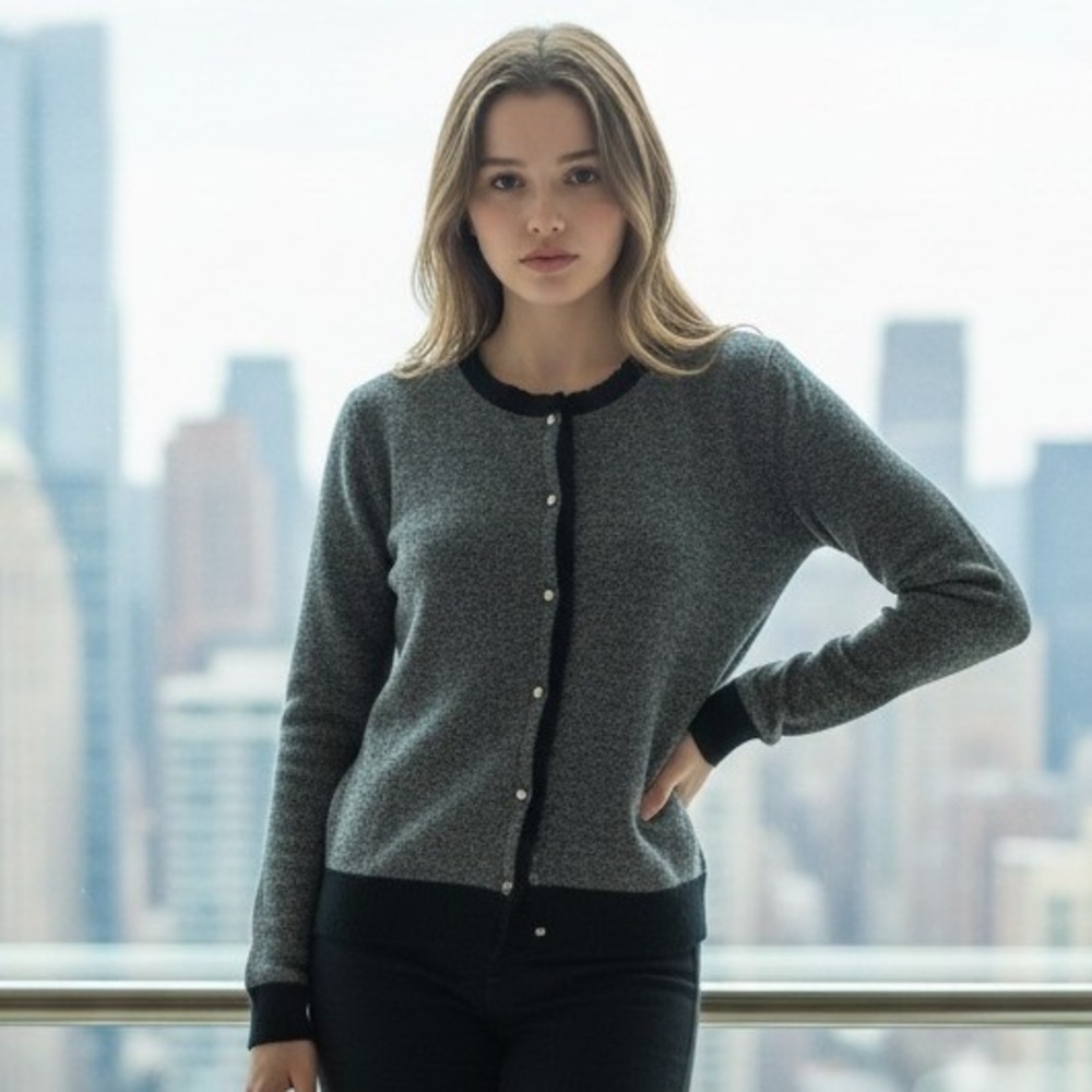 J Crew Vtg Y2K Women's Gray Wool Cashmere Cardigan Sweater Ruffle Neck Trim XS